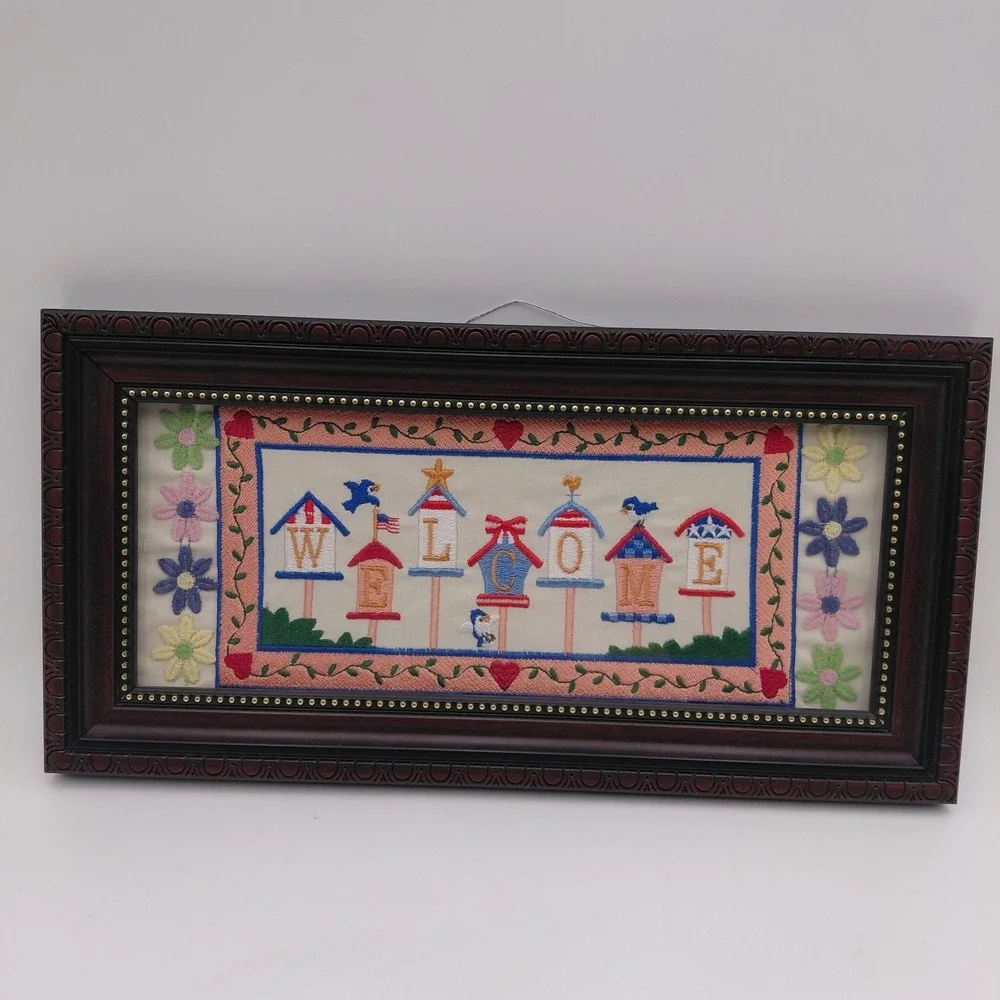 Cross Stitch Welcome Sign Framed Hanging Art Cottage Cabin Floral Bird House